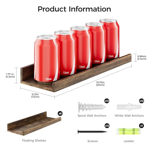 upsimples 6 Pack Wooden Floating Shelves, Wall Storage Decor Shelf for Bathroom, Bedroom, Living Room, Kitchen, Office and Laundry Room, Wall Mounted Display Hanging Shelf, Brown - color: Brown, size: 15.7in