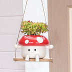Fungi Fun Mushroom Hanging Planter Pot, Cute Ceramic Swing Face Planter for Indoor & Outdoor, Unique Mushroom Planters for Succulents, String of Pearls Plant, Small Hanging Planters Red & White