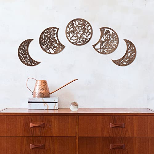 Jetec 5 Pcs Moon Phase Wall Art Decor Wall Pediments Hanging Wooden Phase Spiritual Bedroom Nordic Boho Lunar Aesthetic Art for Living Room Dorm Apartment Ornament(Brown,10.6 Inch,Botanical) - color: Brown, size: 10.6 Inch
