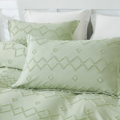 EMME Boho Duvet Cover Queen Size Sage Green - 3 Pieces Soft & Breathable Tufted Shabby Chic Embroidery Bedding for All Seasons, 1 Duvet Cover with 2 Pillow Shams & Zipper Closure (Sage Green, Queen) - color: 25 - Sage Green, size: Queen(90"×90")