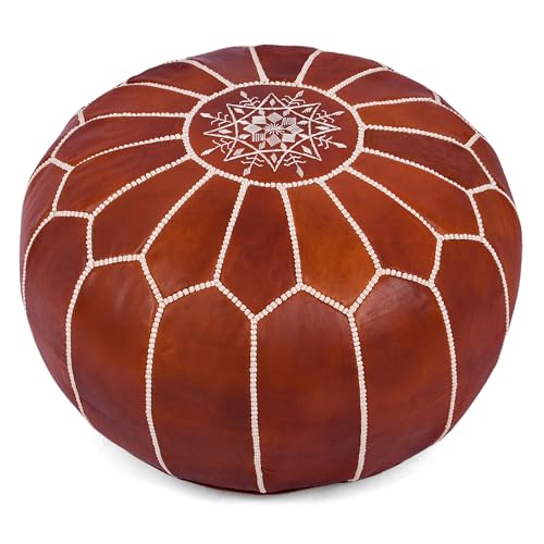 Marrakesh Gallery Genuine Leather Round Pouf Cover - Handmade Moroccan Ottoman Footstool, Unstuffed Footrest - Boho Decor - Bohemian Living Room, Bedroom, Kids Room - Housewarming Gift & Wedding - color: Dark Brown