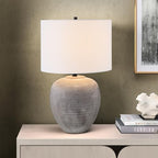 Henn&Hart 23" Modern 1-Light Table Lamp with White Fabric Drum Shade for Living Room, Bedroom, or Office, Rustic Earth