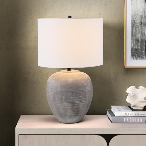 Henn&Hart 23" Modern 1-Light Table Lamp with White Fabric Drum Shade for Living Room, Bedroom, or Office, Rustic Earth