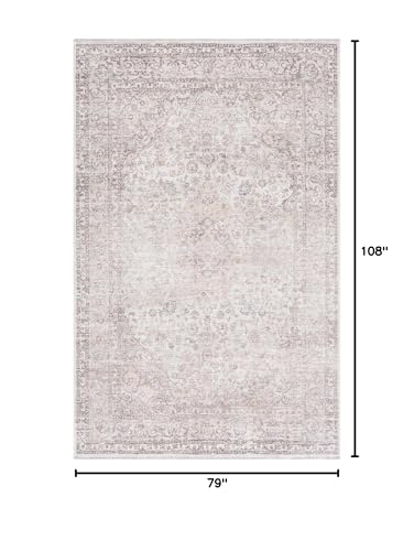 Hauteloom Wentworth Machine Washable Area Rug - Floral Distressed Border Medallion Faded - Traditional Oriental Transitional Vintage Farmhouse - Beige, Slate Blue, Cream, Gray, Light - 6'7" x 9' - color: Beige, Slate Blue, Cream / Holli, size: 6'7" x 9' (