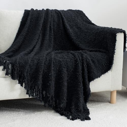 Knit Throw Blanket Fluffy Fuzzy Soft Lightweight Cozy Farmhouse Tassels Chunky Knitted Throws for Couch Sofa Bed (Black, 50"x60") - color: Black, size: 50"x60"