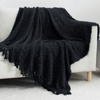 Knit Throw Blanket Fluffy Fuzzy Soft Lightweight Cozy Farmhouse Tassels Chunky Knitted Throws for Couch Sofa Bed (Black, 50"x60") - color: Black, size: 50"x60"