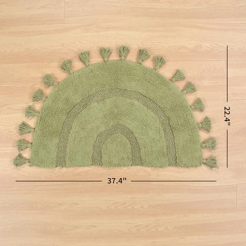 Half Circle Boho Bathroom Rugs with Tassels 100% Cotton Hand-Woven Bath Mat Non Slip Absorbent Bath Rugs with Rug Pad Washable Boho Bath Mat Carpet for Tub, Shower 20"x32",Sage Green