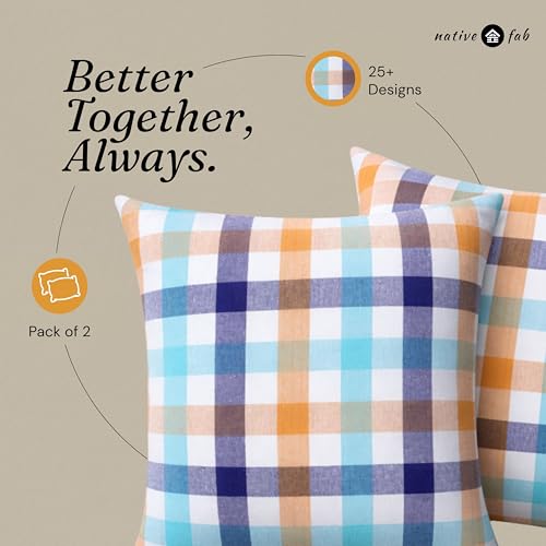Native Fab Throw Pillow Covers 2 Pack, 12x20 Inches, 100% Cotton, Summer Plaid Design, Bright Decorative Lumbar Cushion Cases, Cheerful Decor for Sunroom, Sofa, Couch, Riviera Blue & Sunflower - color: Gingham Riviera Blue & Sunflower Plaid, size: 20" x 1
