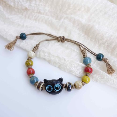 Handmade Green Boho Bracelets for Women, Bohemian Ceramic Beads Bracelets for Friends, Trendy Porcelain Stone Beaded Bracelets for Sisters - color: Colorful-Cat