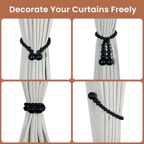 KLOGTSIND Magnetic Curtain Tiebacks, Curtain Tie Backs for Curtains 2 Pack, Wood Bead Curtain Tiebacks, Curtain Holders for Boho Bedroom Decor, Baby Nursery Decor, Farmhouse Decor - color: Black
