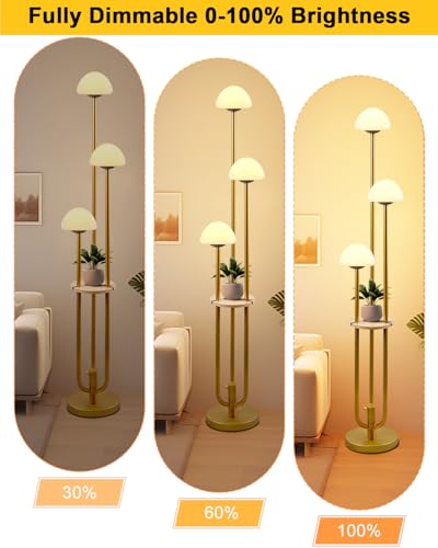 Gold Dimmable Floor Lamp with Table, Modern Floor Lamps with Mushroom Shades for Living Room, 3000K Warm White Tall Standing Lamp with Bulbs& 5Lbs Heavy Base for Bedroom/Office - color: 3 Mushroom-Gold