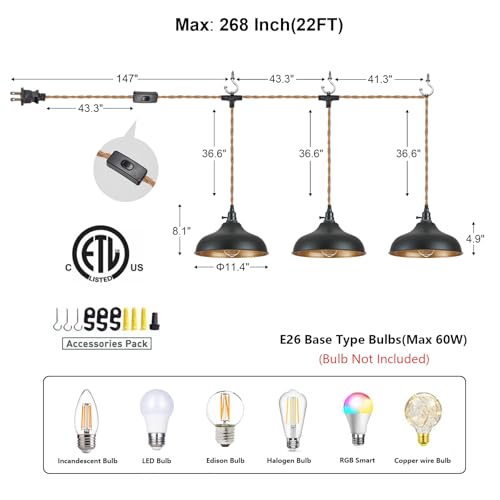 3 Light Plug in Pendant Lights Dome Hanging Lamp with Switch 22 Ft Long Hemp Rope Farmhouse Pndant Light Cord Lighting Fixture DIY Hanging Light - color: B 3 Lights
