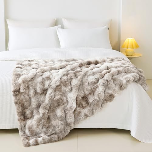 Faux Rabbit Fur Throw Blanket for Couch, Fluffy Warm Plush Thick Bubble Blanket for Bed Sofa Living Room, Soft Cozy Furry Blanket, 50x60 inches, Tie-dye Khaki - color: Tie-dye Khaki, size: Throw50"x60"