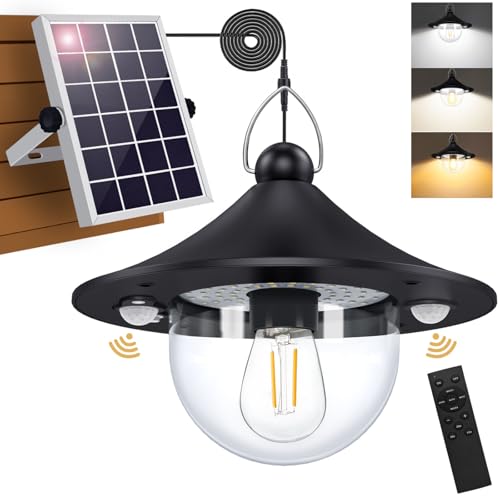Auzev Solar Shed Light Indoor Outdoor Pendant Lights Solar Powered with 2 Motion Sensor, Waterproof Solar Hanging Lamp for Porch, Inside Home, Farmhouse, Gazebo, Chicken Coop, Daytime Available - color: Black 1Pack