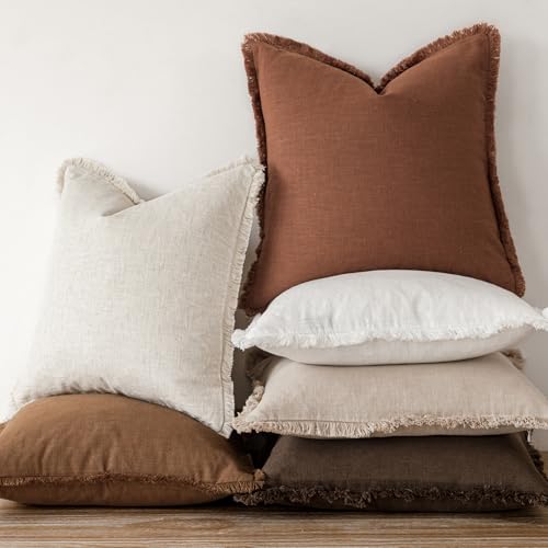 Foindtower Decorative Linen Fringe Throw Pillow Covers Cozy Boho Farmhouse Cushion Cover with Tassels Soft Accent Pillowcase for Chair Sofa Bed Living Room Home Decor, 16×16 Inch, 1PC,Orange Brown - color: Hazel, size: 16" x 16" (Pack of 1)