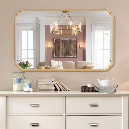 Ferytange 30"x48" Gold Bathroom Mirror for Wall, Large Brass Gold Bathroom Vanity Mirror for Over Sink, Rounded Rectangle Mirror in Premium Iron Metal Frame Hangs Horizontal Or Vertical - color: Gold, size: 48"L x 30"W