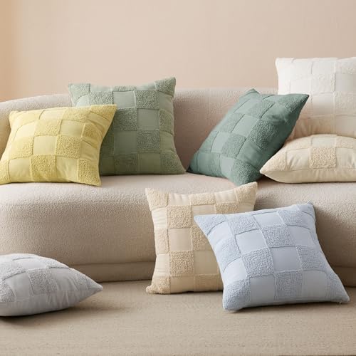 Double Stitch Checkered Throw Pillow Covers - 100% Cotton Set of 2 Tufted Boho Decorative Pillow Covers 20x20, Made in India, Square Cushion Case, Modern Home Decor for Couch, Sofa, Living Room, Cream - color: Cream, size: 20" x 20" (Pack of 2)
