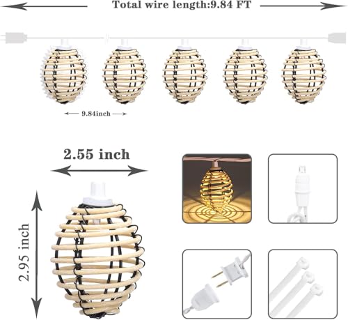 Vigdur Rattan Ball String Lights - 10FT Lantern String Lights Plug in with 10 Led Bulbs, Decorative String Light for Indoor Outdoor Balcony Patio Garden Wedding Bedroom Decor - color: Khaki