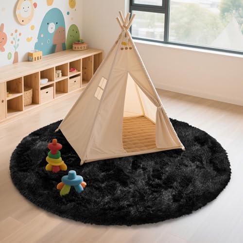 yulidayang Black Fluffy Round Area Rugs for Bedroom,3'X3'Shag Circle Area Rugs for Living Room,Non Slip Fuzzy Plush Rug for Room Boys Girls Room and Dorm Home Decor Rug - color: Black, size: 3' (Round)
