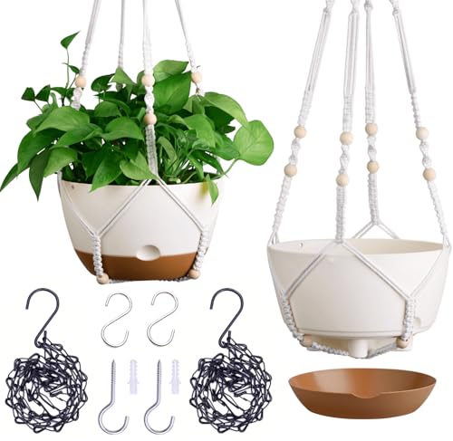 montresor Set of 2-8 Inch Hanging Planters for Indoor Plants with Self-Watering Includes Hanging Pots for Plants, Outdoor Plant Pot with Drainage, and 2 Types of Hanging Baskets Hangers (White) - color: White, size: 8inch