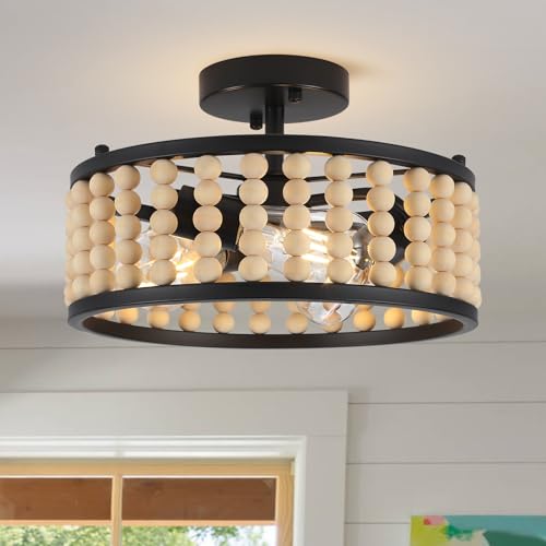 Luupyia Wood Bead Ceiling Light 3Lights, 12.79Inches Vintage Boho Ceiling Light Fixture Small Chandeliers Semi Flush Mount Mid Century Retro Overhead Lighting for Bedroom Foyer Hallway, E26
