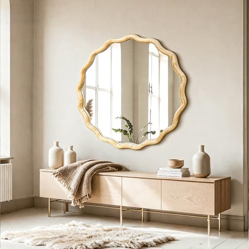 Circle Wood Mirrors for Wall, Wavy Round Bathroom Scalloped Mirror Wooden Frame 24 Inch for Living Room Farmhouse Bedroom Hallway Entryway Living Room with Shatterproof Glass Wall Mounted - size: 24"L x 24"W