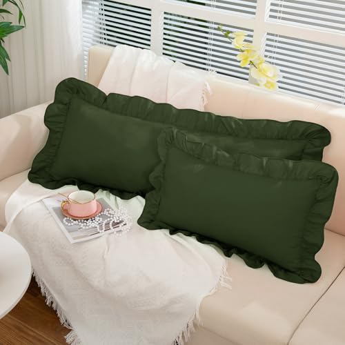 Olive Green Ruffle Lumbar Pillow Cover 12x20 Inch, Ruffled Cushion Case Covers for Couch Sofa Bed Living Room, Decorative Farmhouse Throw Pillow Cover, Pack of 1 - color: Olive Green, size: 20" x 12" (Pack of 1)