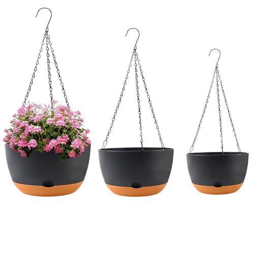 KPUVX 8/10/12 inch Plant Pot Hanging Planters Self Watering Pots for Indoor Plants, 3 Pack Plastic Hanging Basket with Removable Tray for Home Garden Porch Balcony Patio Decor(Black) - color: Black, size: 8/10/12 inch