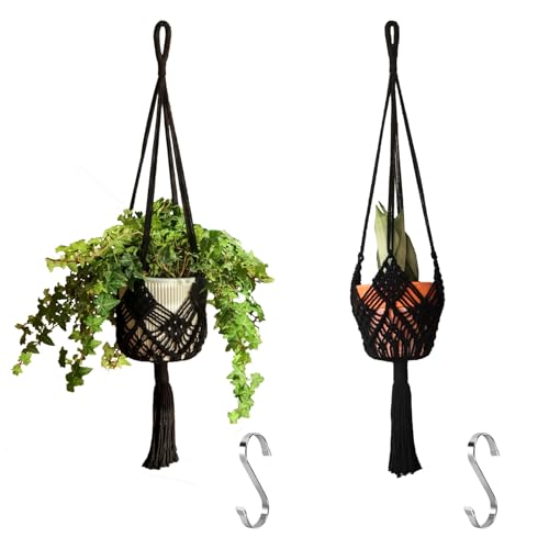 Hanging Planter with Patterns,2Packs Macrame Plant Hangers Indoor Macrame for up to 8 inch Pot Crochet Boho Plant Hanger Holder for Indoor Outdoor with 2S Shaped Stainless Steel Hooks (Black) - color: Black