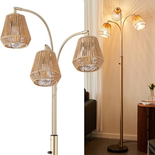 Gold Rattan Floor Lamp for Living Room, 72 Inch Tall Boho Floor Lamp with Rotary Switch, 3 Lights Arc Lamp with Wicker Shade for Coastal,Bohemian,Modern,Tree Farmhouse Standing Lamp - color: Gold