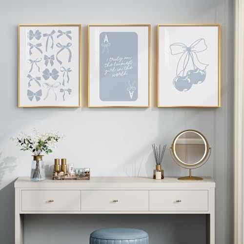 Framed Preppy Blue Wall Art for Room Decor, 3 Piece Bow Cherry Girly Artwork for Walls, Cute Aesthetic Blue Canvas Prints for Girls Bedroom Living Room Girly Room Apartment Wall Decor, 12x16 Inch - color: Light Blue
