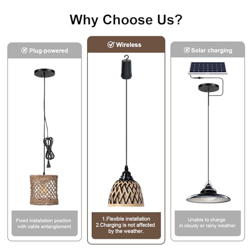 2 Pack Bamboo Chandelier/Dimmer, Waterproof Outdoor Pendant Light for Patio/Gazebo, Hand-Woven Boho Style, Battery Operated (No Wiring)