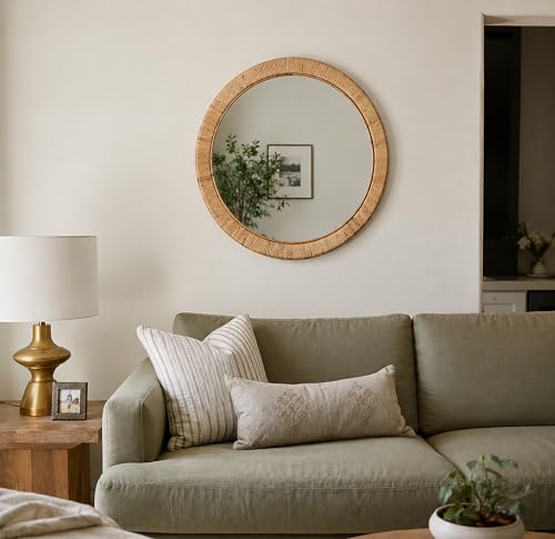 Rutledge & King Round Rattan Mirror - Boho Decorative Wall Mirror - 22" Dia. - color: Seaside - Large