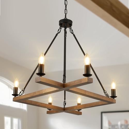 L45'' Rustic Oak Square Wood Chandeliers Farmhouse 6-Light Rectangular Candle Chandelier Unique Long Ceiling Pendant Light for High Ceiling Living Dining Room Foyer Kitchen Island,E12 - color: Golden Oak, size: 45 inches
