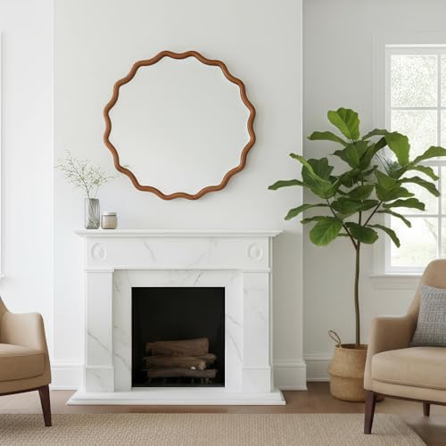 36" Wavy Round Wall Mirror with Solid Wood Frame, Country Irregular Decorative Mirror for Bathroom, Bedroom, Living Room & Entryway, HD Tempered Glass, No Distortion Vanity Mirror (Brown,36“) - color: Brown, size: 36"L x 36"W