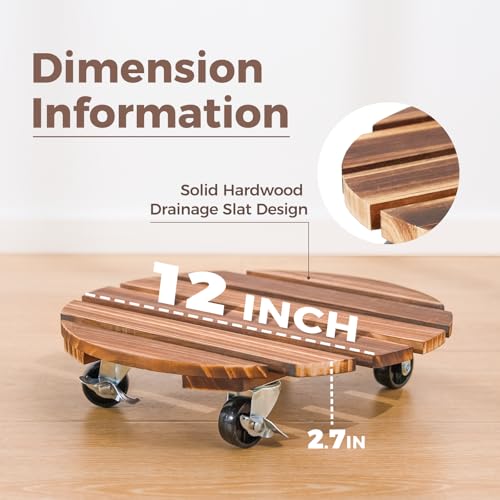 Bamworld Plant Stand with Wheels Plant Caddy Outdoor 4 Pack 12in Rolling Planter Caddy with Swiveling and Lockable Caster for Indoor Patio Plant Dolly Wood Wheeled Mobile Roller - size: 12inch-4 pack