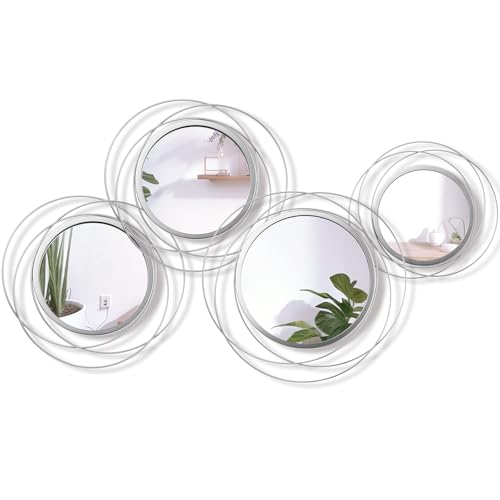 Hicarer 4 Pcs Decorative Wall Mirror Round Modern Mirror Circle Mirror Wall Art Ring Metal Mirror Wall Decor Wall Mounted Mirror for Bedroom Living Room Entryway Dining Room Hallway (Silver) - color: Silver