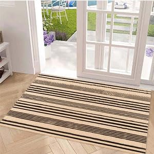 Black and Tan Outdoor Rug 2'x4',Striped Front Porch Rug Machine Washable Front Door Mat Entryway Throw Rug for Front Porch Indoor Outdoor Doormat - color: Black Khaki, size: 2' x 4'3" (Rectangular)