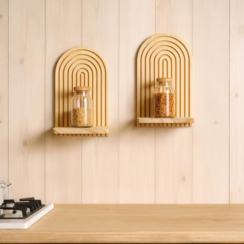 Artilady 2 Pack Boho Wood Wall Hanging Shelf - Handmade Rainbow Arch Floating Shelves Trinket Storage Rack Modern Wall Decor for Bedroom Living Room Nursery Bathroom - color: 1 Burlywood