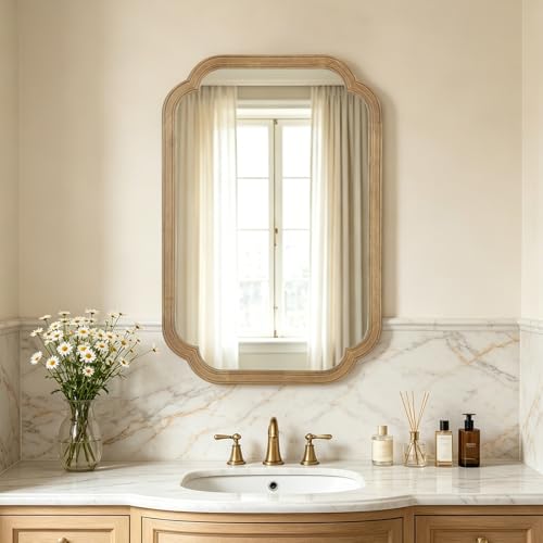 HOMECOOKIN Wood Bathroom Mirror for Wall Decor Arched Rounded Corner Rustic Wood Frame Wall Mirror Home Decorative for Vanity, Living Room, Bedroom, Entryway (20 x 30 inch, Honey A) - color: Honey a, size: 30"L x 20"W