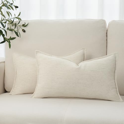 Chenille Linen Lumbar Pillow Covers 12x20 Set of 2, Thick Textured Boho Pillow Covers, Farmhouse Decorative Pillow Covers, Neutral Vintage Accent Covers for Couch Sofa Bed, Cream White - color: Cream White, size: 20" x 12" (Pack of 2)