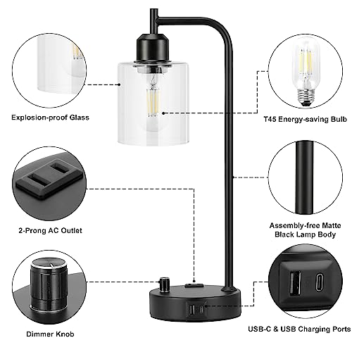Industrial Nightstand Lamps for Bedrooms Set of 2 - Fully Dimmable Bedside Lamps with USB A C Ports and Outlet, Black Table Lamps with Clear Glass Shade for Living Room, Desk Lamps for Office Reading - color: Clear