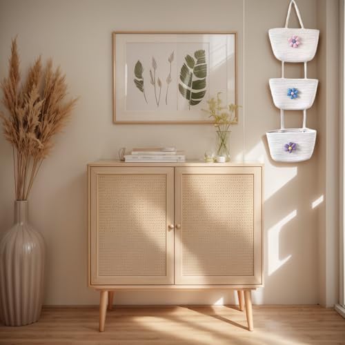 3-Tier Woven Cotton Rope Hanging Basket, Over the Door Organizer, Adjustable Detachable Wall Basket with Metal & Adhesive Hooks, No Drilling for Playroom, Toddler Nursery & Little Girls Room - style: BigFlower