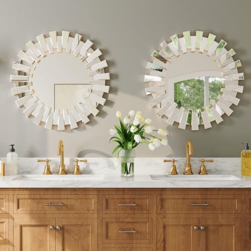 26" Inch Sunburst Wall Mirror Modern Round Decorative Mirror for Living Room Bedroom Entryway Gold Metal Frame Large Accent Mirror Over Fireplace Mantle Vanity Circle Wall Art Home Décor - color: Sunburst-silver