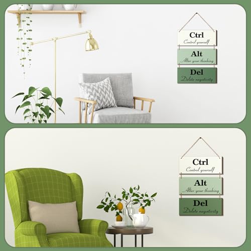 Qunclay 3 Pcs Office Wall Decor Green Wood Rustic Hanging Cubicle Decor Summer Inspirational Ctrl Alt Del Sign Decoration for Bathroom Indoor Home Living Room - color: Green, style: Classic