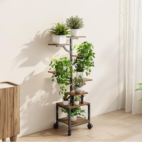 Plant Stand Indoor with Grow Lights - 7-Tier Plant Stand with Wheels, Tall Metal and Wood Indoor Plant Shelf with Tree Design, Rolling Flower Pot Holder Rack with Waterproof Finish, Adjustable Display Stand for Home Garden, Patio, 41" Tall - size: 41in
