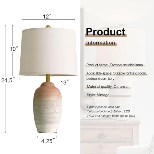 USumkky 24.5" Ceramic Table Lamp with 5FT Cord, Single Farmhouse Vintage Rustic Bedside Lamp for Living Room Bedroom Entryway, Linen Shade Nightstand End Table Decor (Bulb Not Included)-White&Brown - color: 24.5" White&Brown