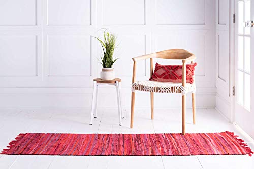 Unique Loom Chindi Cotton Collection Soft Hand Woven Natural Fiber Striped Area Rug, 2 ft 2 in x 6 ft 7 in, Red/Purple - color: Red/Purple, size: 2'2" x 6'7" (Runner)
