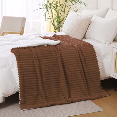 Chocolate Sherpa Fleece Throw Blanket 60”×80” for Couch Sofa Bed,Super Soft Cozy Plush Double Side Thick Flannel Blanket with Striped Design Lightweight for Adults,Woman,Girls - color: Chocolate, size: 60×80inch