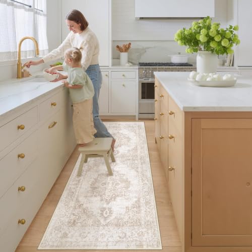 Area Rug 2x8 Runner Rug: Washable Vintage Hallway Rugs Indoor Medallion Rug Low Pile Distressed Floor Carpet Retro Accent Rugs for Kitchen Bedroom Bathroom Dining Room(Beige, 2'x8') - color: Beige, size: 2' x 8' (Rectangular)